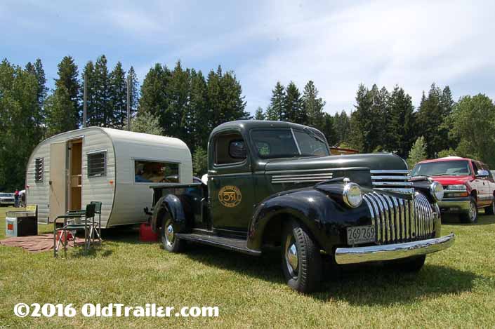 This vintage towing rig is a 1946 chevy pickup truck pulling a vintage Trailer