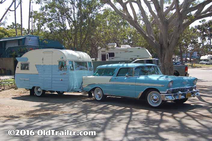 This is a vintage towing rig using a 1956 Chevy Nomad Wagon to Pull a Vintage Shasta Trailer