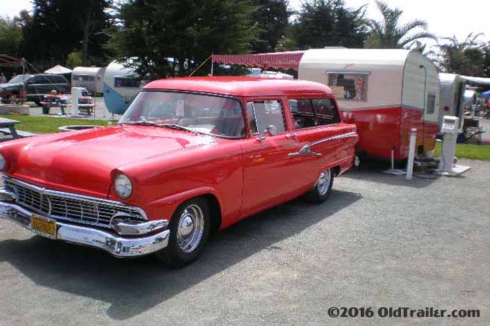 This vintage towing rig is a vintage 1956 ford ranch wagon pulling a vintage shasta trailer