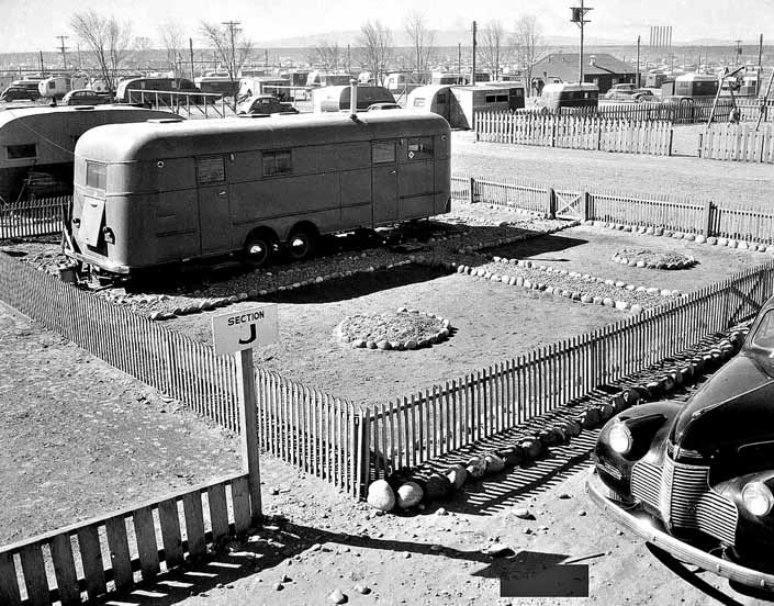 Government photo shows a group of Vintage Trailers that housed workers and their families, at the Hanford Trailer Camp