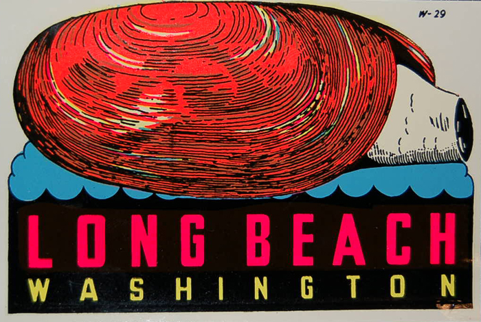 Unique Vintage Souvenir Travel Decal from Long Beach Washington features a Geoduck shellfish!