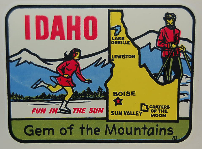 Idaho Vintage Travel Decal features sporty outdoor ice skating girl