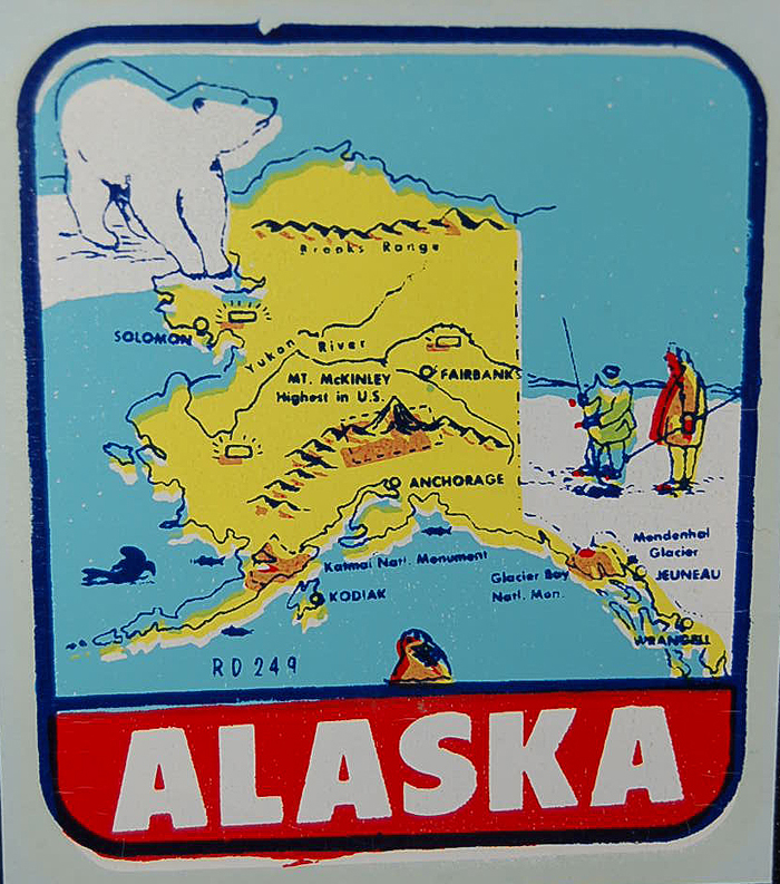Colorful Alaska Vintage Travel Decal from the 1960s shows iconic polar bear and map of Alaska