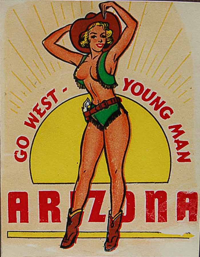 Vintage Travel Decal From Arizona Shows Pinup Cowgirl