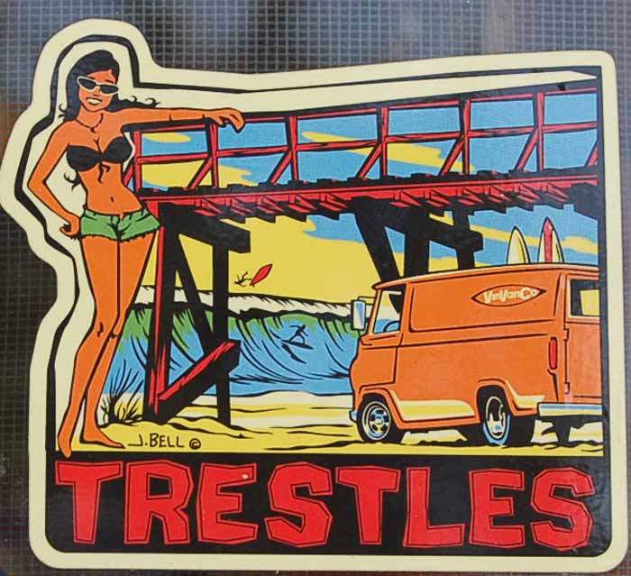 Vintage Travel Decal Honoring Famous Surfing Spot Trestles in California