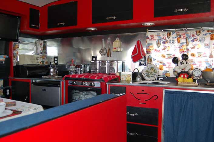 Photo shows the huge countertop and kitchen area in a vintage Aladdin Sultan's Castle Trailer