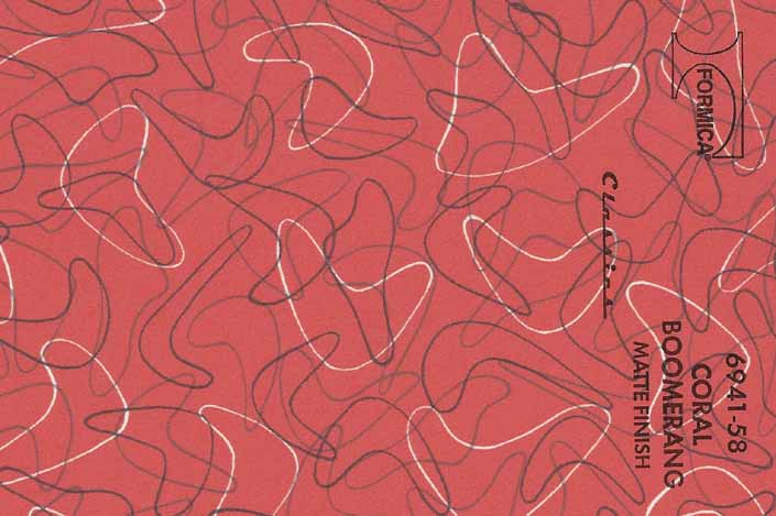Vintage formica laminate sample chip; Coral Boomerang pattern #6941-58