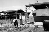 This view shows a woman tending to her vegatable garden next to her family's vintage trailer, at Project Hanford Trailer City