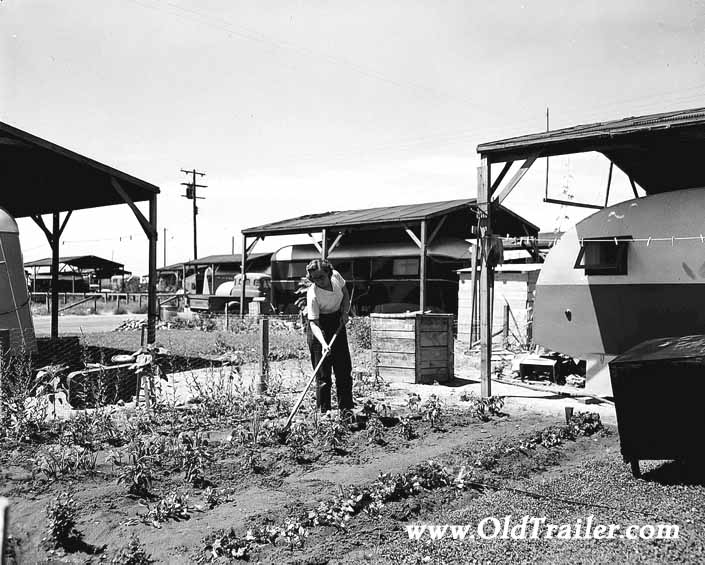 Government photo shows a woman hoeing her garden near the camp trailers, at the Hanford Trailer Camp in Washington