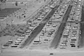Vintage photo provides an aerial view of a huge collection of worker's vintage trailers, at the Project Hanford Trailer City in Washington
