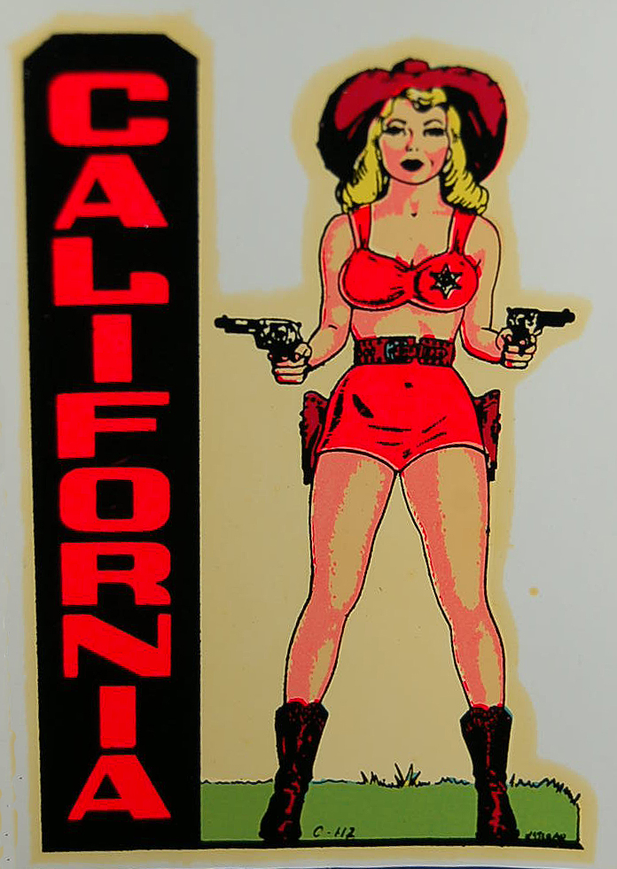Sexy Vintage Souvenir Decal from California shows 1950's pinup girl as bikini clad cowgirl with guns!