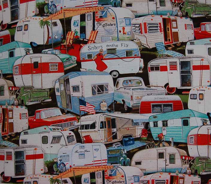 This photo shows a swatch of retro fabric with vintage trailers and pickup trucks, for your vintage trailer