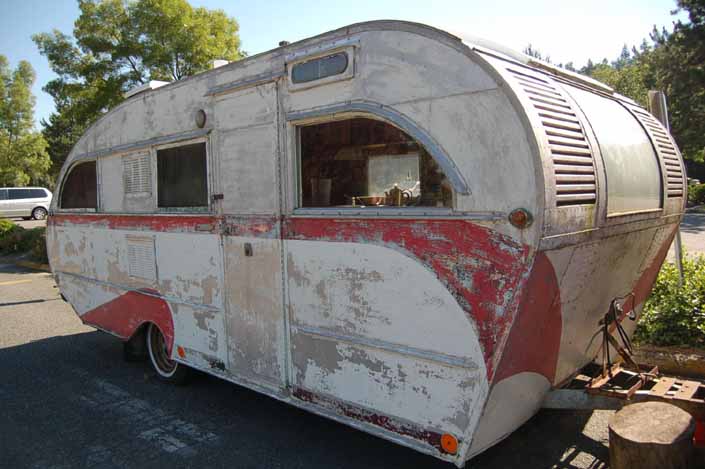Very rare vintage Aero Flite trailer parked in storage