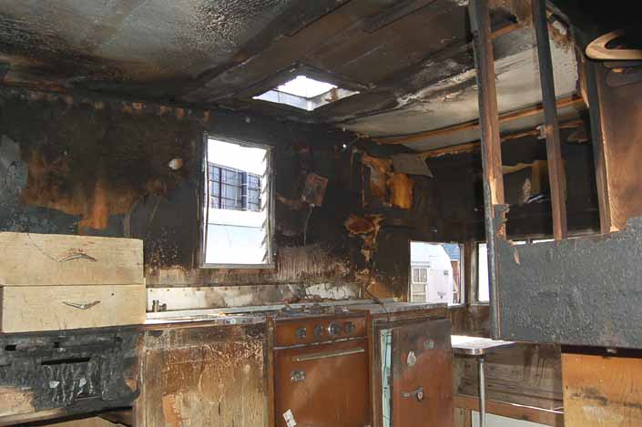 Shasta 16-SC trailer in a vintage trailer StorageYard has severe fire damage to the interior