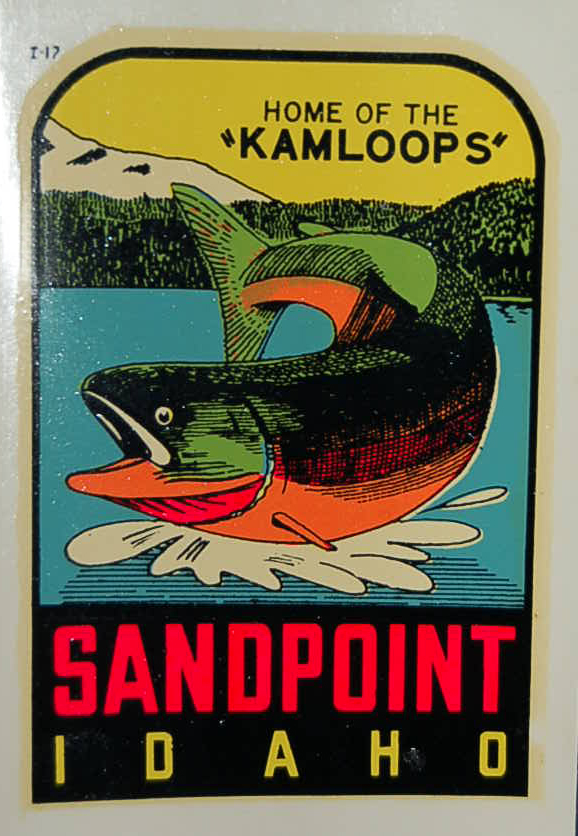 Sandpoint Idaho Vintage Travel Decal celebrates fishing for the great Kamloops fishing in the area