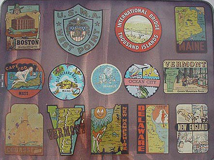 Group of faded Vintage Travel Decals from Boston, Cape Cod, Ocean City, New England and more