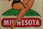 Vintage Travel Decal from Minnesota Features a Cute Blond Pinup Girl in a Bikini Bathing Suit